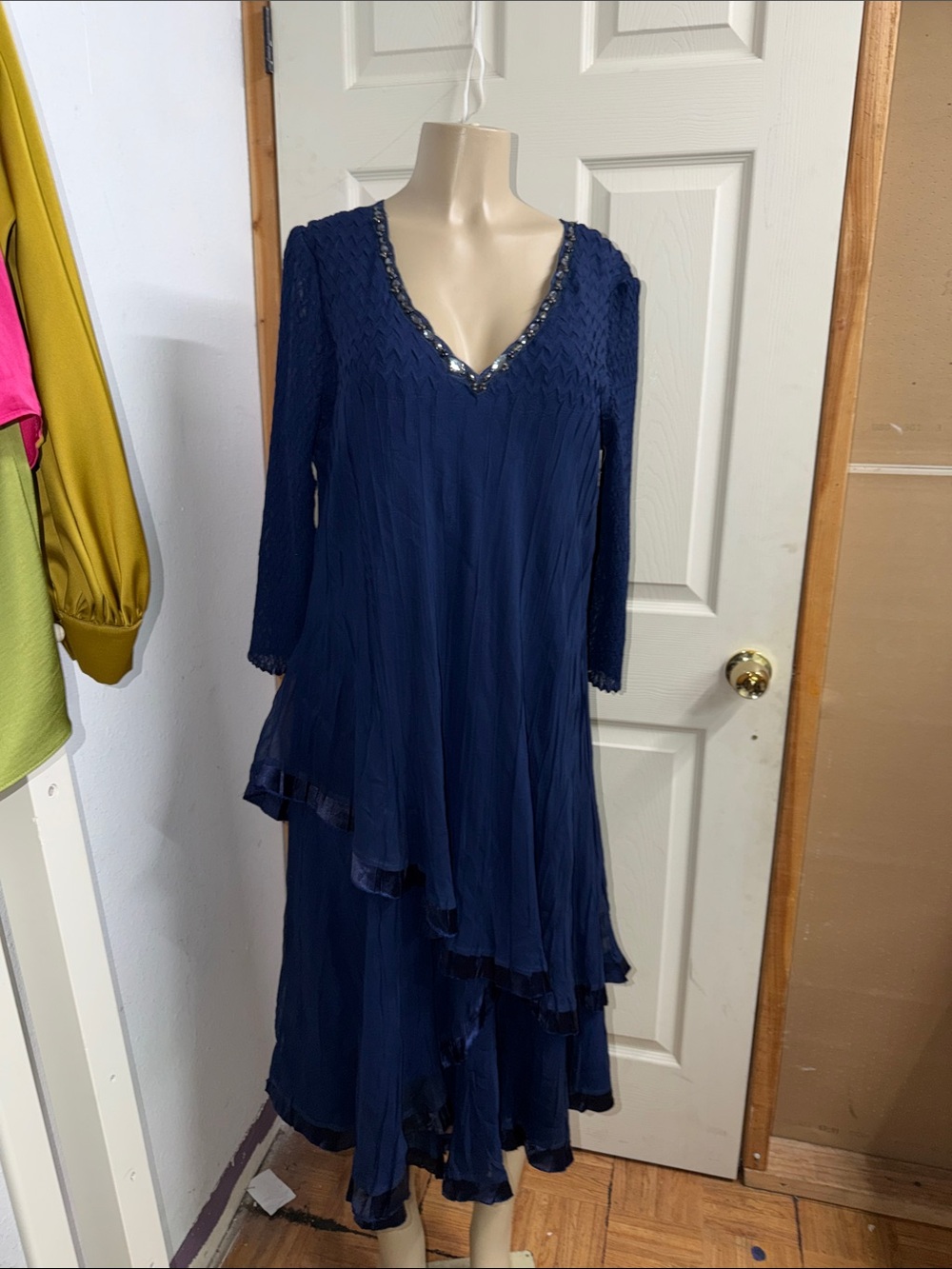 Komarov Navy Blue V-Neck Layered Maxi Dress